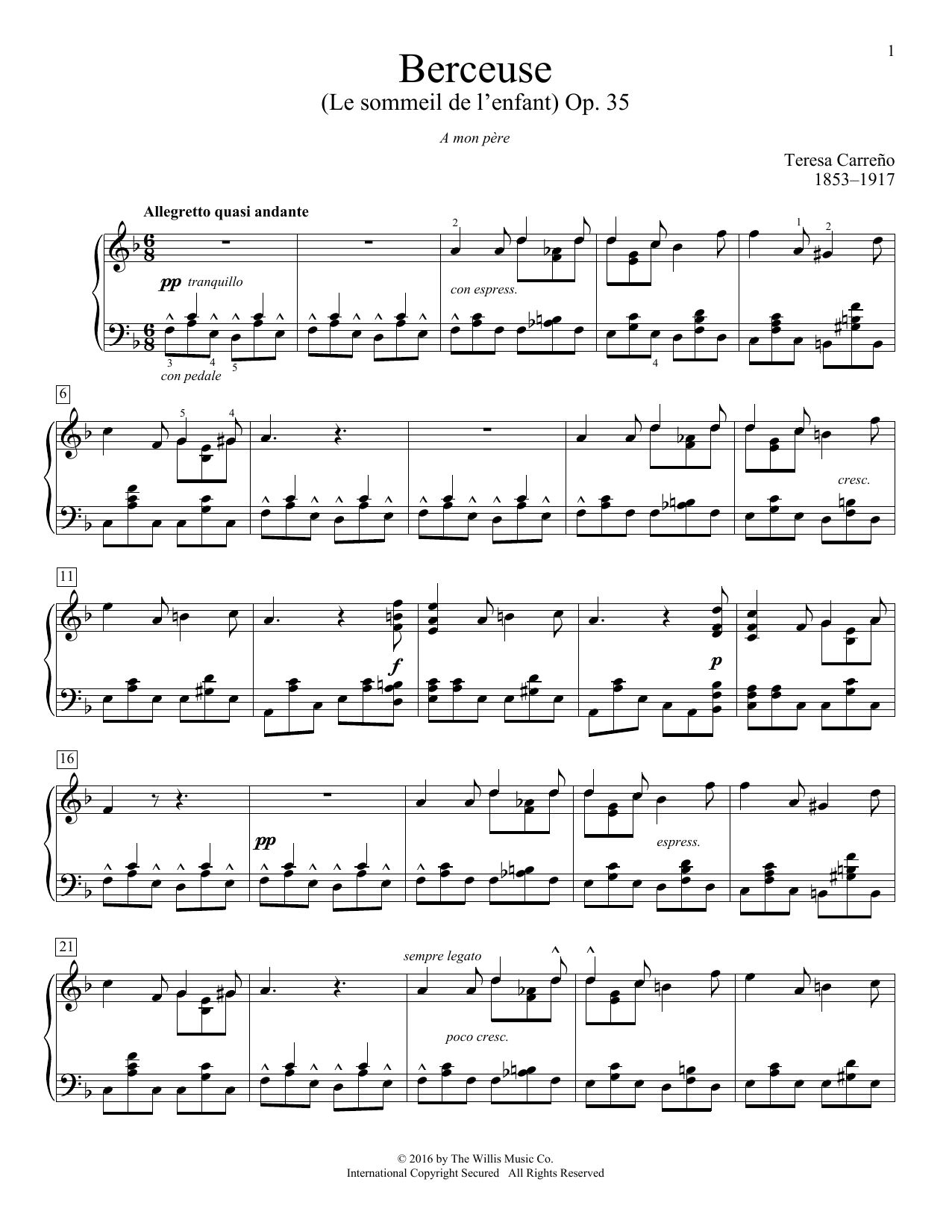 Teresa Carreno Berceuse (Le sommeil de l'enfant), Op. 35 Sheet Music Notes & Chords for Educational Piano - Download or Print PDF