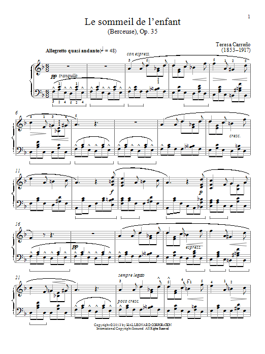 Gail Smith Le sommeil de l'enfant (Berceuse), Op. 35 Sheet Music Notes & Chords for Piano - Download or Print PDF