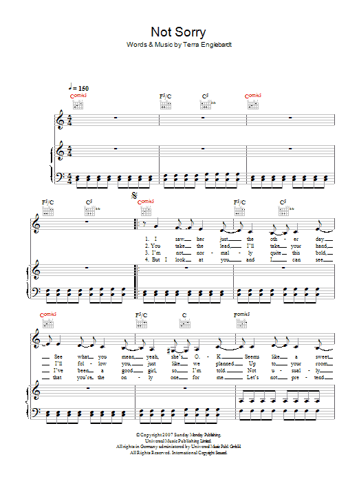 Terra Naomi Not Sorry Sheet Music Notes & Chords for Piano, Vocal & Guitar - Download or Print PDF