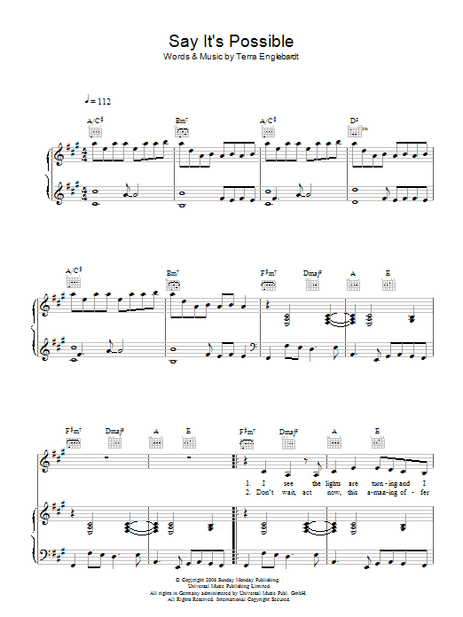 Terra Naomi Say It's Possible Sheet Music Notes & Chords for Piano, Vocal & Guitar - Download or Print PDF