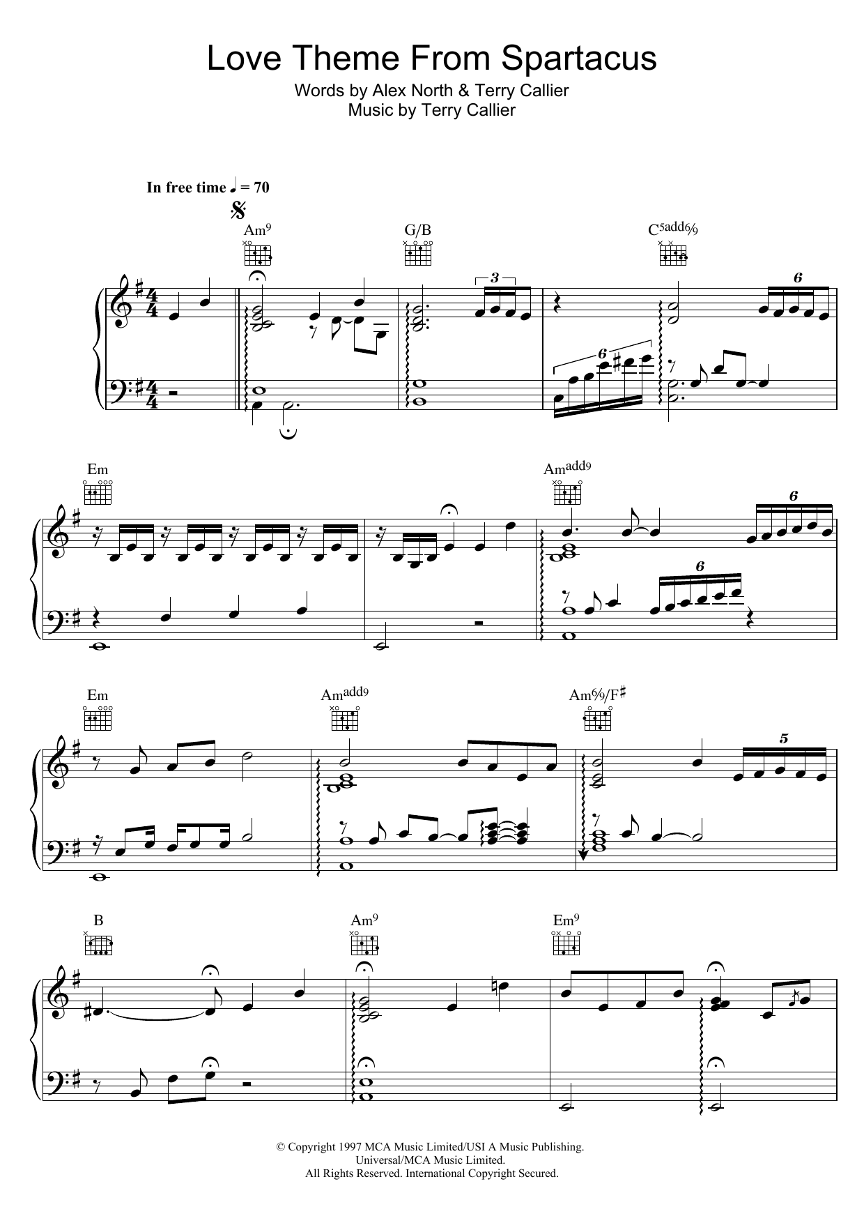 Terry Callier Love Theme From Spartacus Sheet Music Notes & Chords for Piano, Vocal & Guitar (Right-Hand Melody) - Download or Print PDF