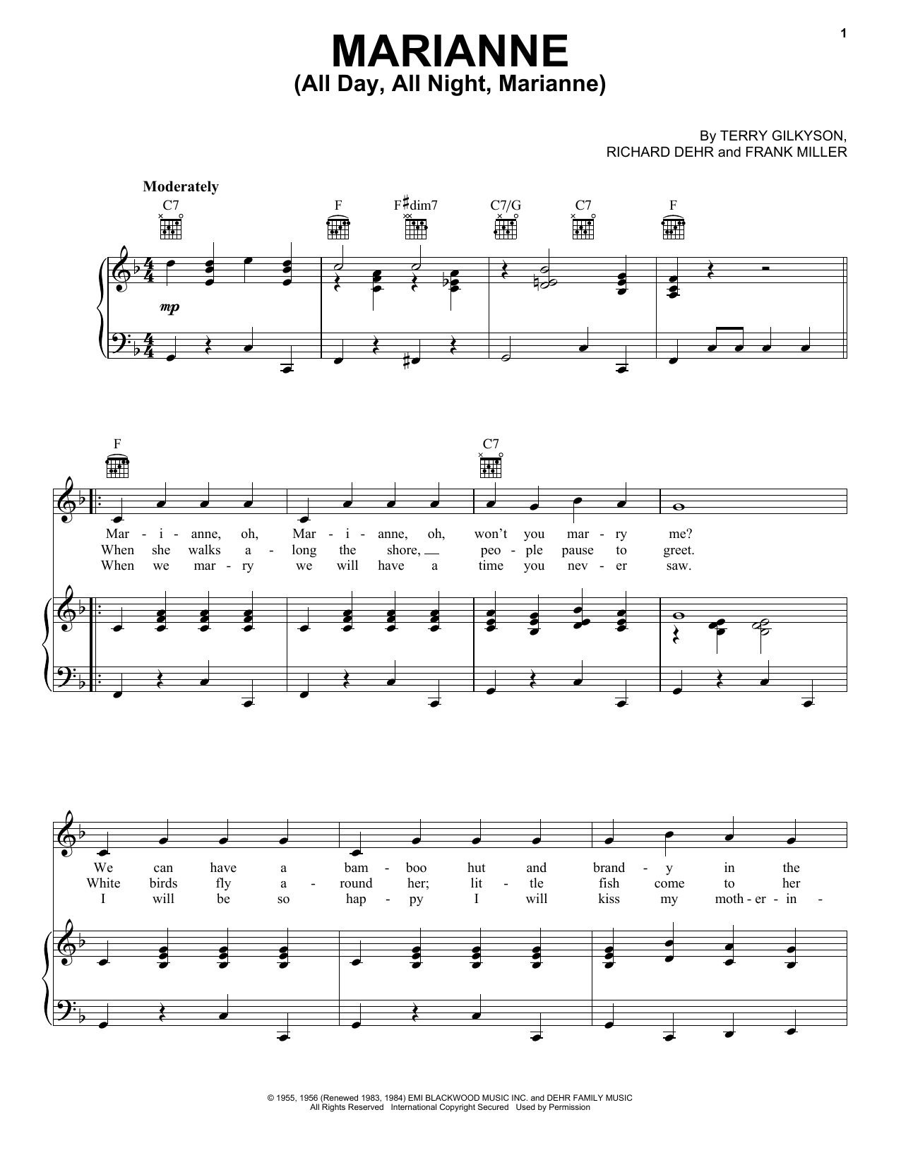 Terry Gilkyson & The Easy Riders Marianne (All Day, All Night, Marianne) Sheet Music Notes & Chords for Piano, Vocal & Guitar Chords (Right-Hand Melody) - Download or Print PDF