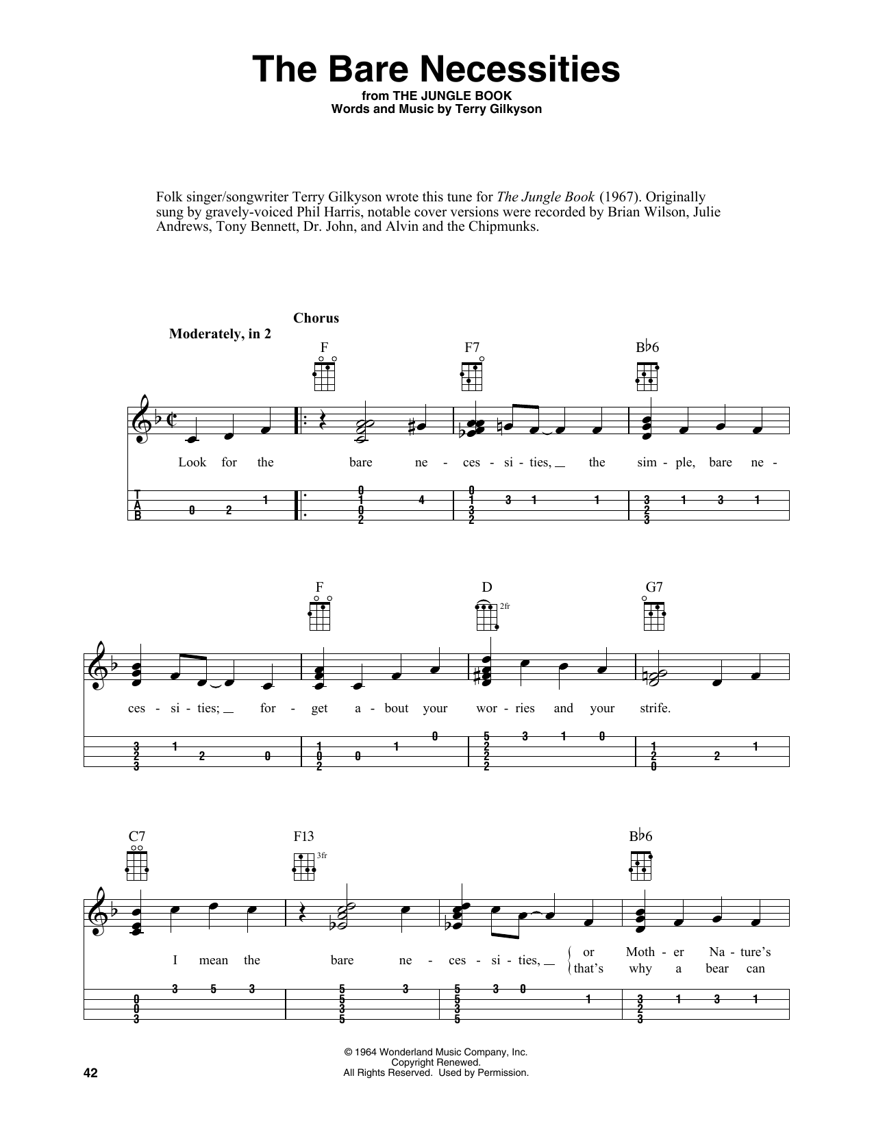 Terry Gilkyson The Bare Necessities (from The Jungle Book) (arr. Fred Sokolow) Sheet Music Notes & Chords for Easy Ukulele Tab - Download or Print PDF
