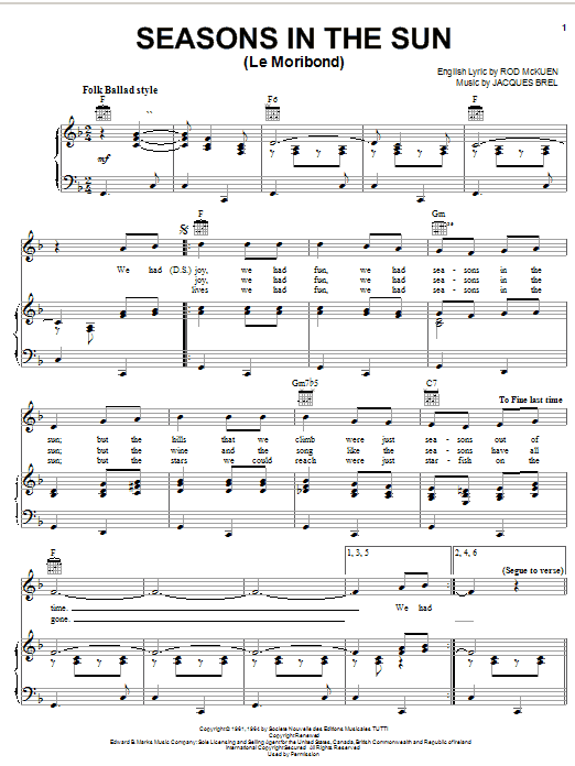 Terry Jacks Seasons In The Sun (Le Moribond) Sheet Music Notes & Chords for Piano, Vocal & Guitar (Right-Hand Melody) - Download or Print PDF