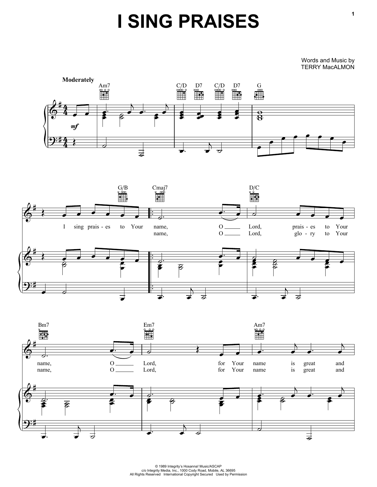 Terry MacAlmon I Sing Praises Sheet Music Notes & Chords for Piano, Vocal & Guitar (Right-Hand Melody) - Download or Print PDF