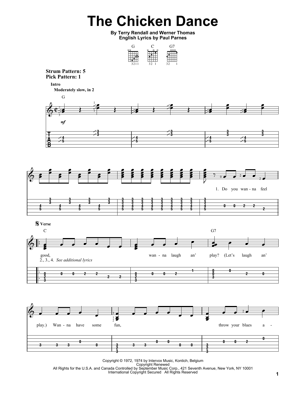 Terry Rendall The Chicken Dance Sheet Music Notes & Chords for Easy Guitar Tab - Download or Print PDF