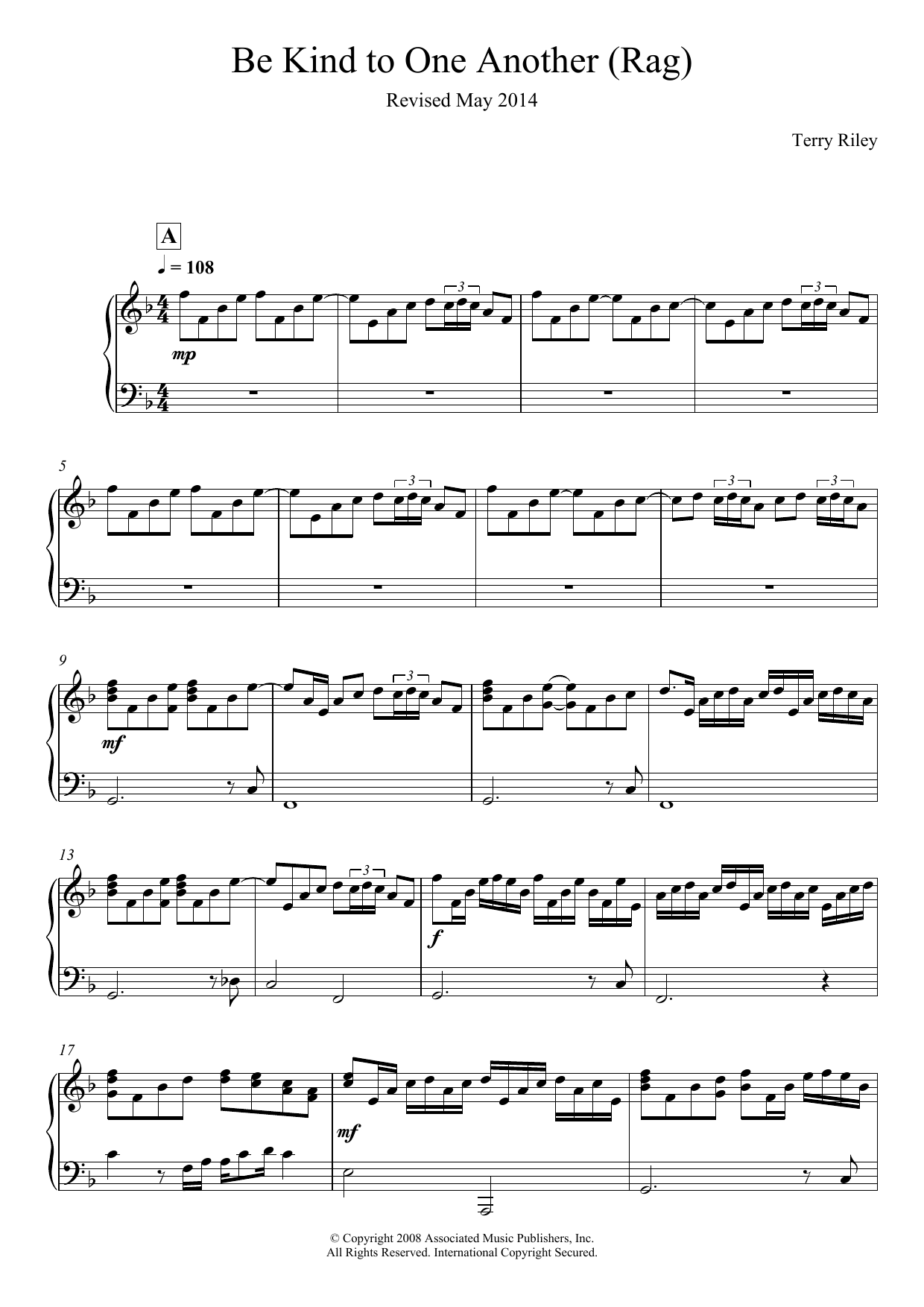 Terry Riley Be Kind To One Another (Rag) Sheet Music Notes & Chords for Piano - Download or Print PDF