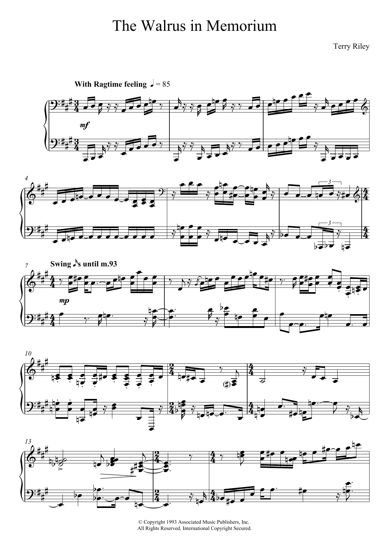 Terry Riley The Walrus In Memoriam Sheet Music Notes & Chords for Piano - Download or Print PDF