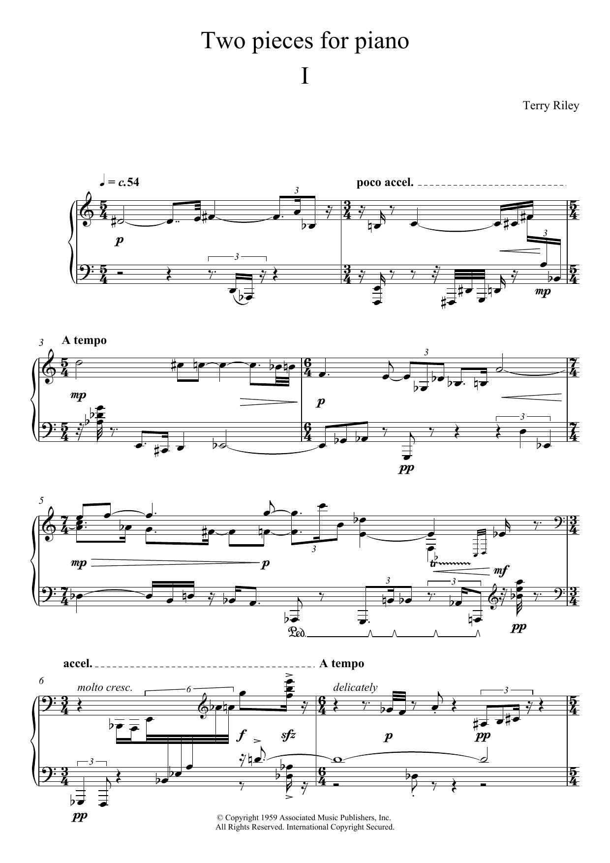 Terry Riley Two Pieces For Piano - I. Sheet Music Notes & Chords for Piano - Download or Print PDF