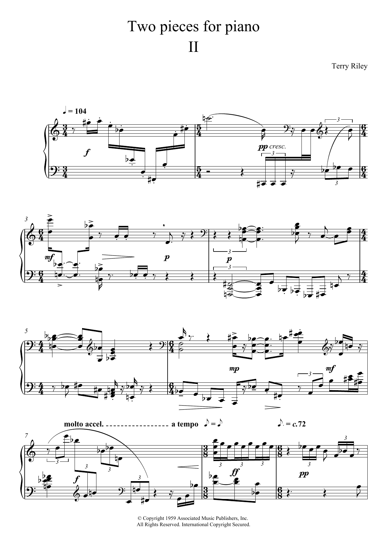 Terry Riley Two Pieces For Piano - II. Sheet Music Notes & Chords for Piano - Download or Print PDF