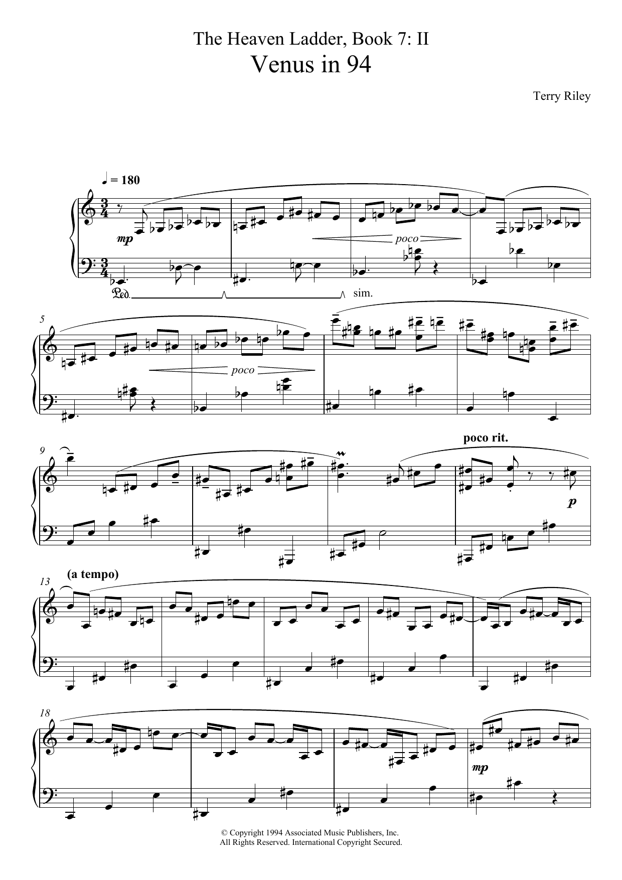 Terry Riley Venus In 94 (No.2 From The Heaven Ladder Book 7) Sheet Music Notes & Chords for Piano - Download or Print PDF