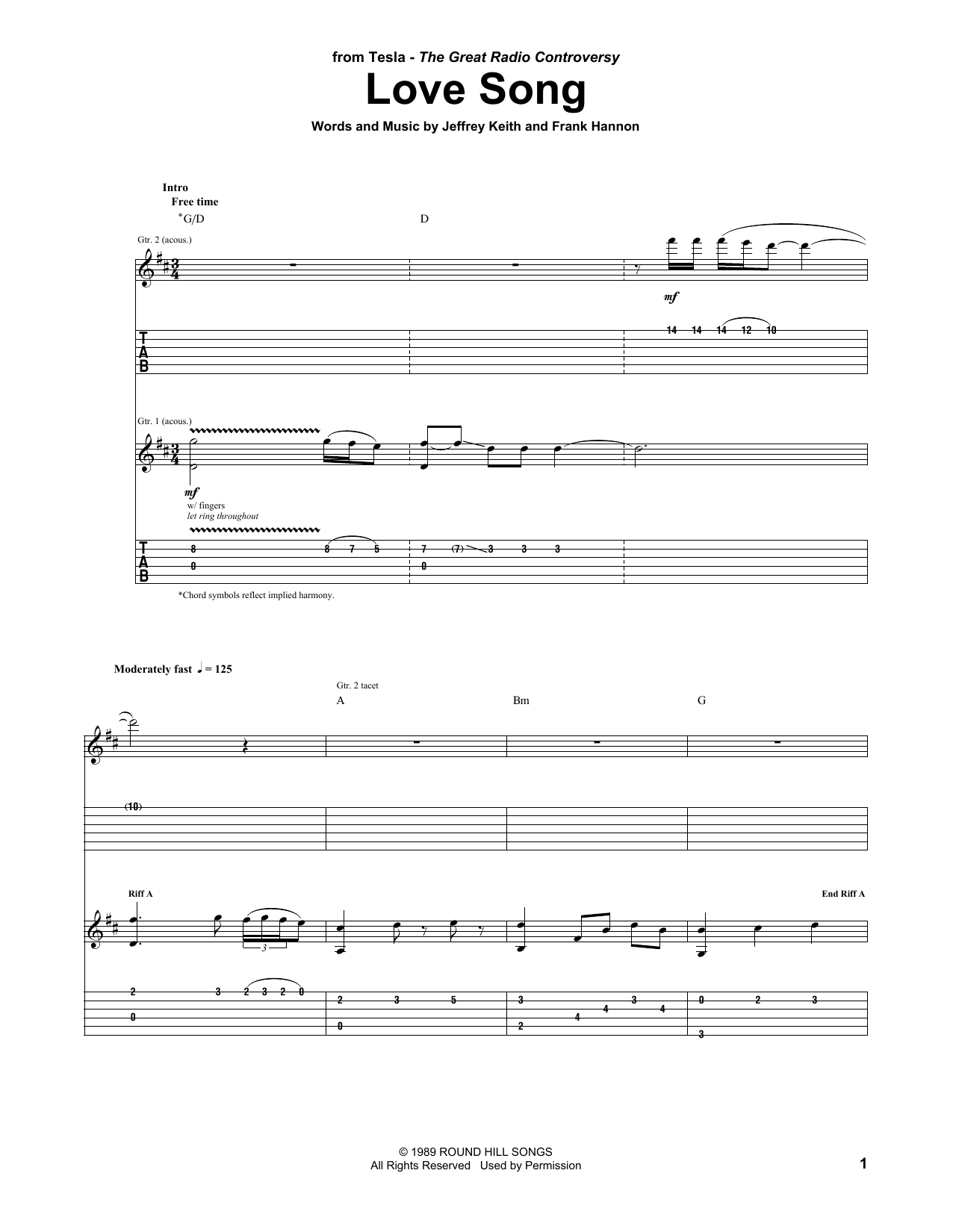 Tesla Love Song Sheet Music Notes & Chords for Guitar Tab (Single Guitar) - Download or Print PDF
