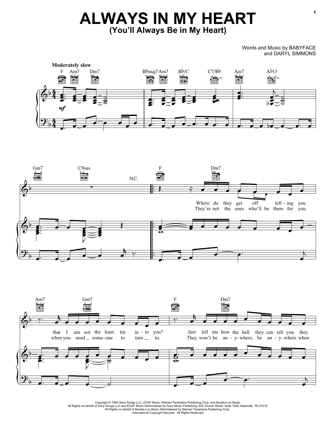Tevin Campbell Always In My Heart (You'll Always Be In My Heart) Sheet Music Notes & Chords for Piano, Vocal & Guitar Chords (Right-Hand Melody) - Download or Print PDF