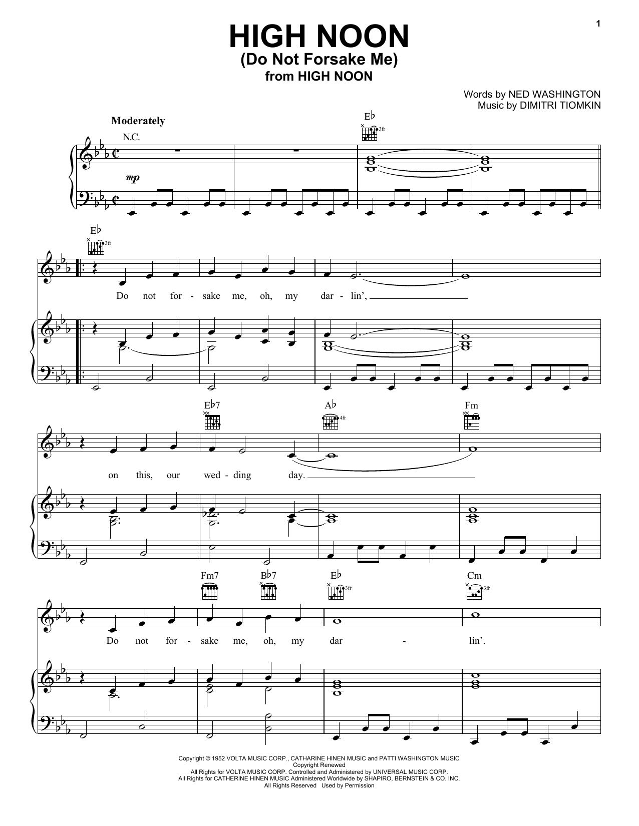 Tex Ritter High Noon (Do Not Forsake Me) Sheet Music Notes & Chords for Piano, Vocal & Guitar (Right-Hand Melody) - Download or Print PDF