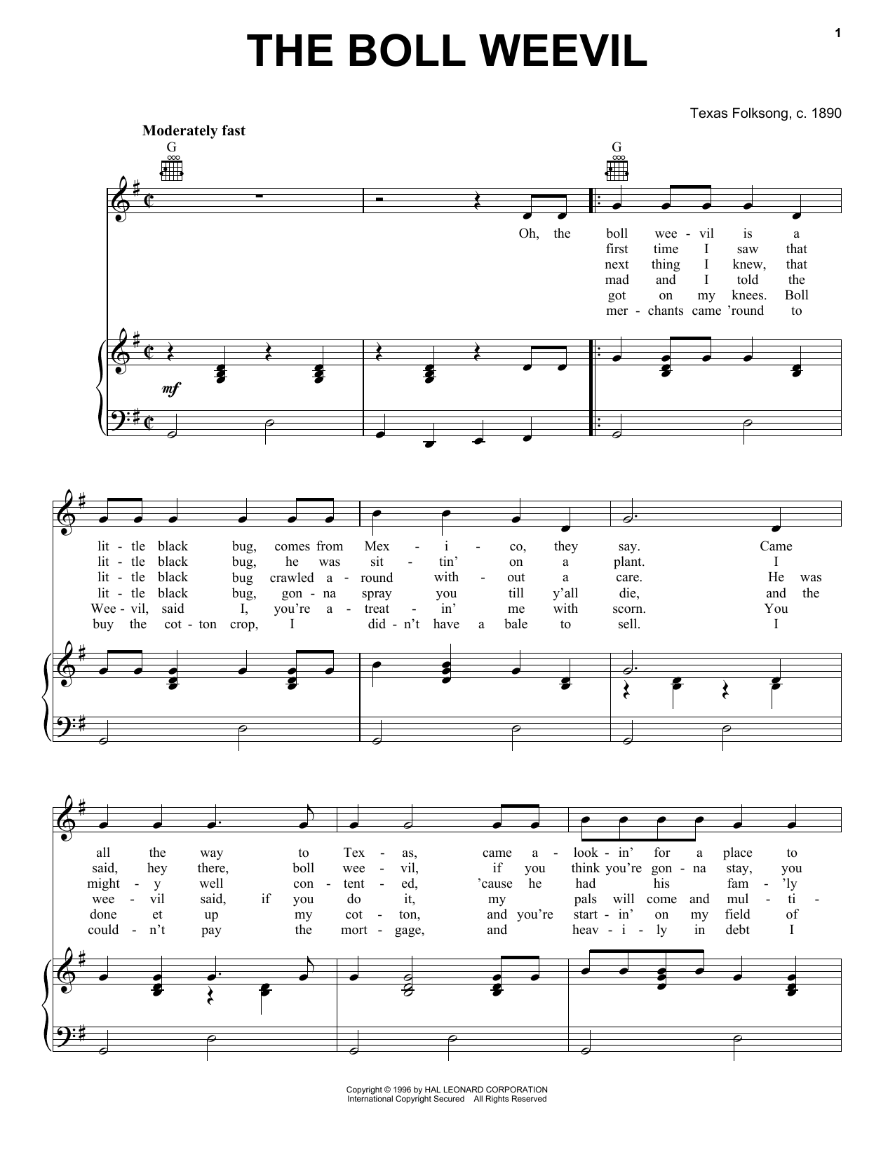 Texas Folksong The Boll Weevil Sheet Music Notes & Chords for Piano, Vocal & Guitar (Right-Hand Melody) - Download or Print PDF