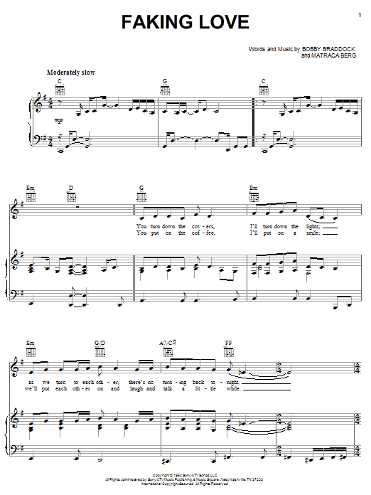 T.G. Sheppard Faking Love Sheet Music Notes & Chords for Piano, Vocal & Guitar (Right-Hand Melody) - Download or Print PDF