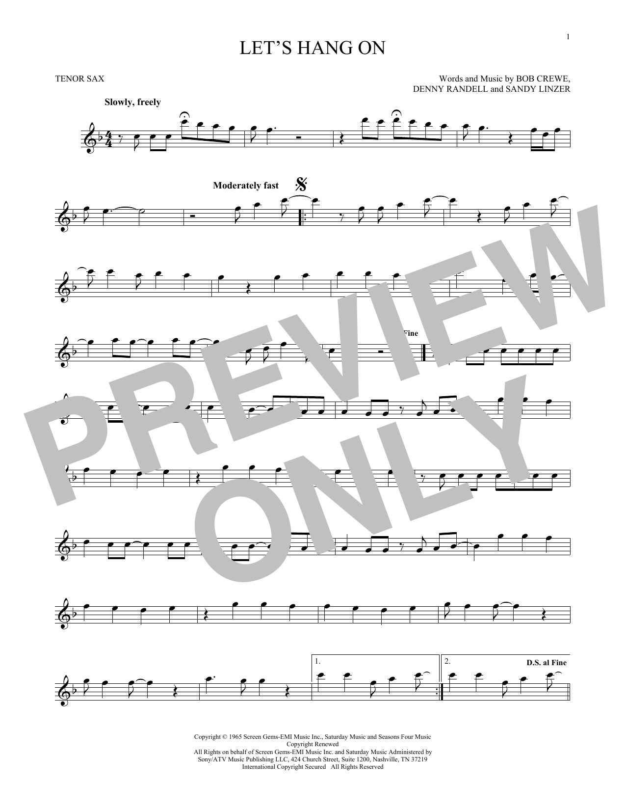 The 4 Seasons Let's Hang On Sheet Music Notes & Chords for Melody Line, Lyrics & Chords - Download or Print PDF