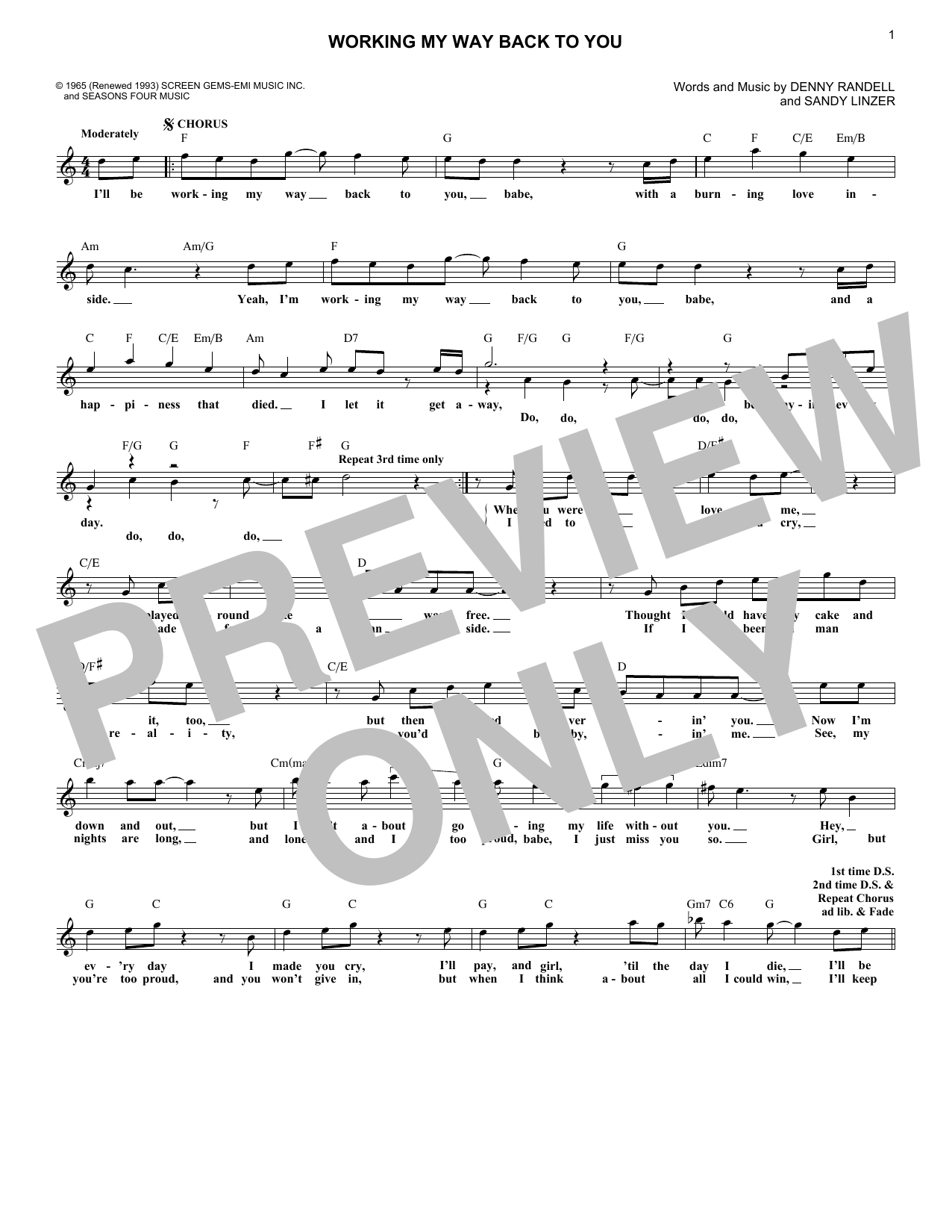 The 4 Seasons Working My Way Back To You Sheet Music Notes & Chords for Melody Line, Lyrics & Chords - Download or Print PDF
