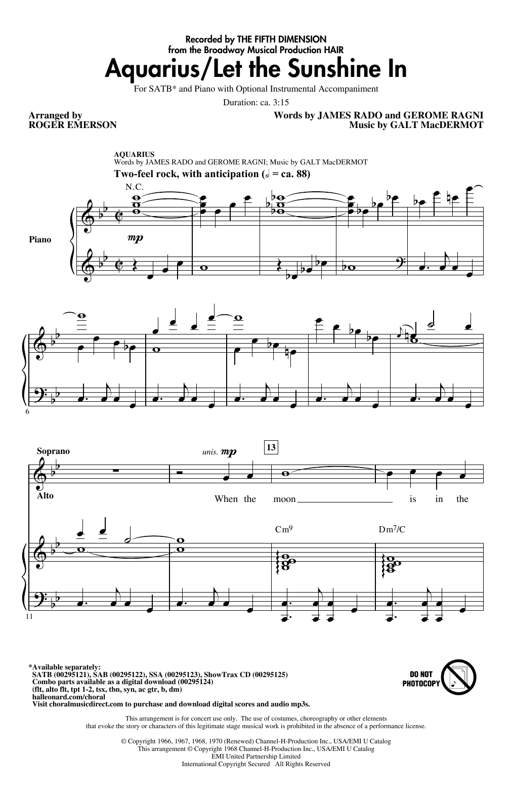 The 5th Dimension Aquarius / Let the Sunshine In (from the musical Hair) (arr. Roger Emerson) Sheet Music Notes & Chords for SSA Choir - Download or Print PDF