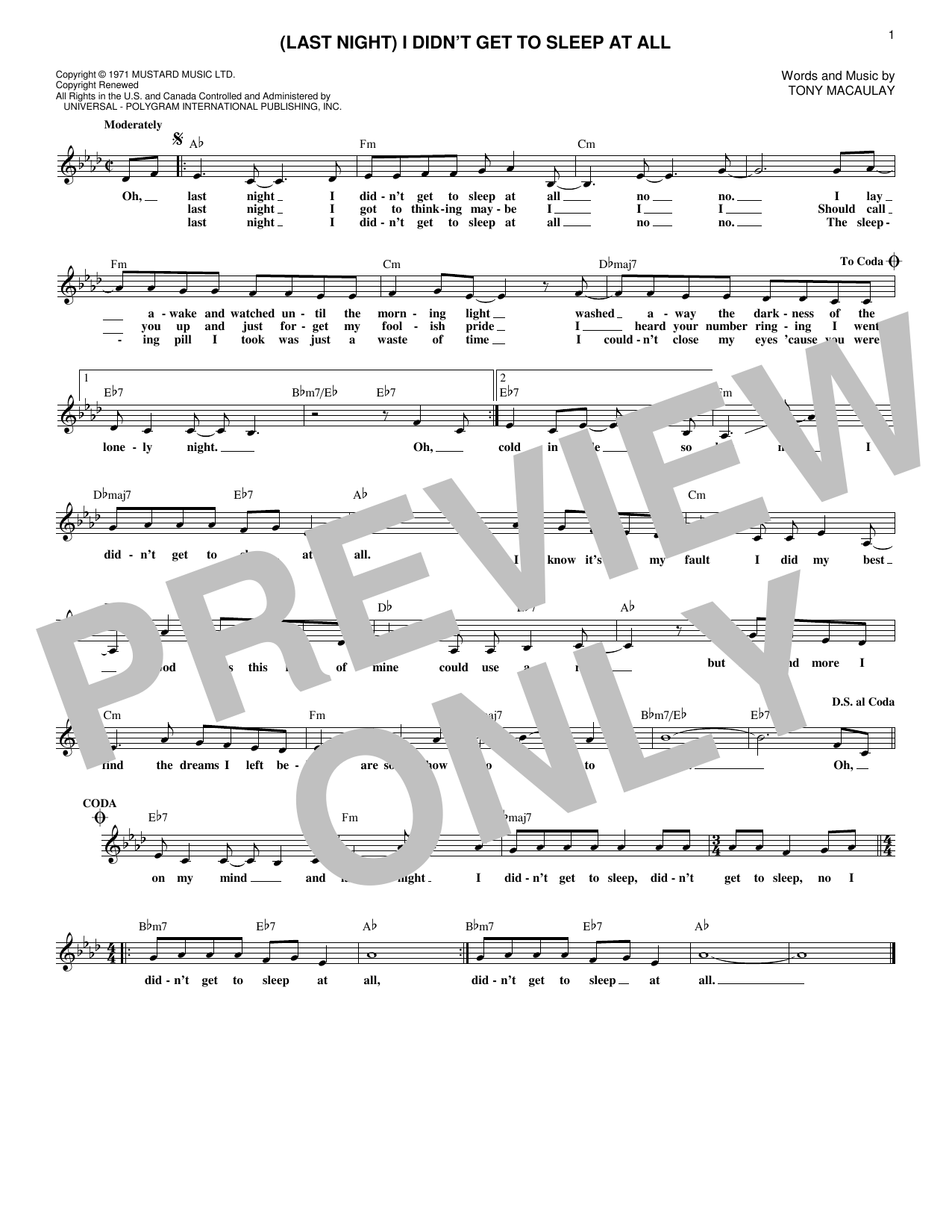 Tony Macaulay (Last Night) I Didn't Get To Sleep At All Sheet Music Notes & Chords for Melody Line, Lyrics & Chords - Download or Print PDF