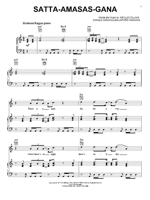 The Abyssinians Satta-Amasas-Gana Sheet Music Notes & Chords for Piano, Vocal & Guitar (Right-Hand Melody) - Download or Print PDF