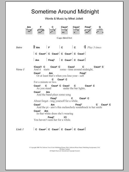 The Airborne Toxic Event Sometime Around Midnight Sheet Music Notes & Chords for Lyrics & Chords - Download or Print PDF