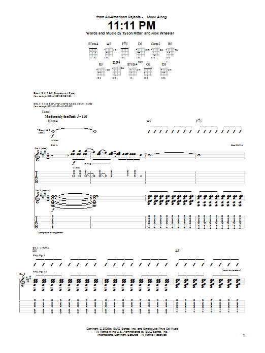 The All-American Rejects 11:11 PM Sheet Music Notes & Chords for Guitar Tab - Download or Print PDF