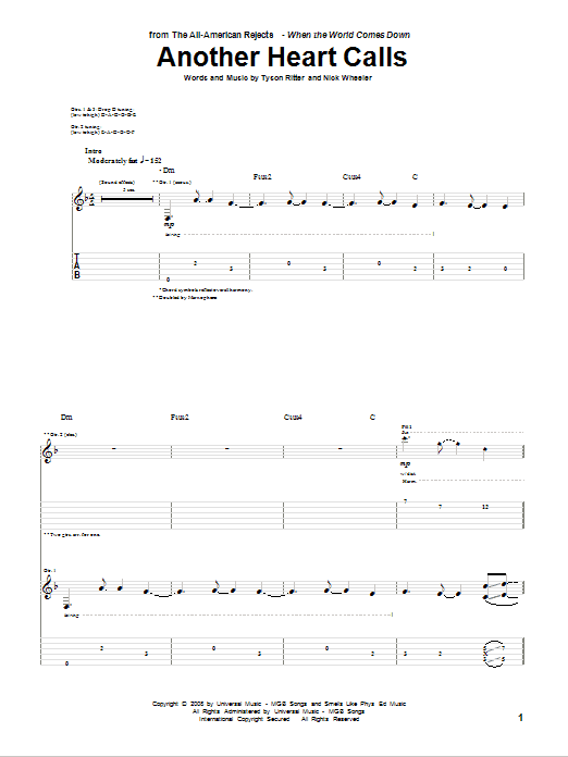 The All-American Rejects Another Heart Calls Sheet Music Notes & Chords for Guitar Tab - Download or Print PDF