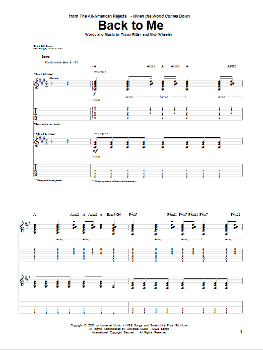 The All-American Rejects Back To Me Sheet Music Notes & Chords for Guitar Tab - Download or Print PDF