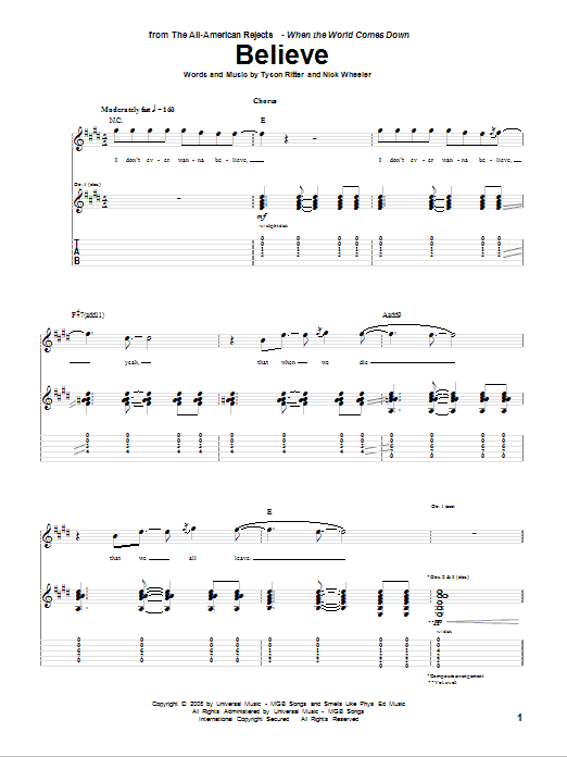 The All-American Rejects Believe Sheet Music Notes & Chords for Guitar Tab - Download or Print PDF