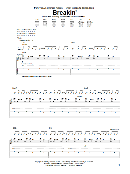 The All-American Rejects Breakin' Sheet Music Notes & Chords for Guitar Tab - Download or Print PDF