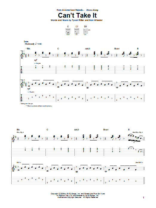 The All-American Rejects Can't Take It Sheet Music Notes & Chords for Guitar Tab - Download or Print PDF