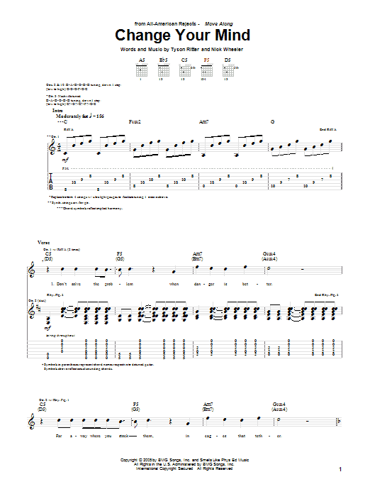 The All-American Rejects Change Your Mind Sheet Music Notes & Chords for Guitar Tab - Download or Print PDF