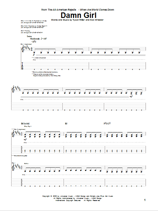 The All-American Rejects Damn Girl Sheet Music Notes & Chords for Guitar Tab - Download or Print PDF