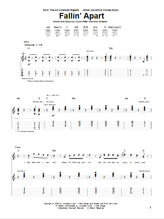 The All-American Rejects Fallin' Apart Sheet Music Notes & Chords for Guitar Tab - Download or Print PDF