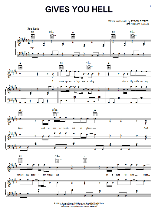 The All-American Rejects Gives You Hell Sheet Music Notes & Chords for Lyrics & Chords - Download or Print PDF