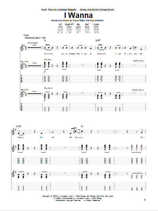 The All-American Rejects I Wanna Sheet Music Notes & Chords for Guitar Tab - Download or Print PDF