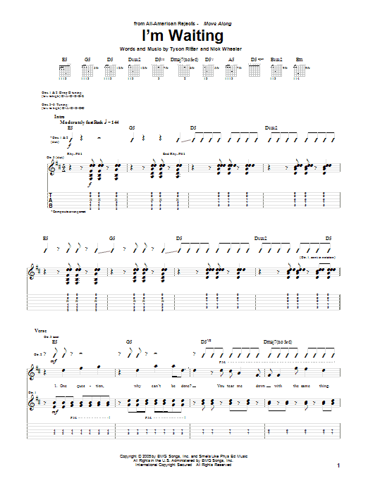The All-American Rejects I'm Waiting Sheet Music Notes & Chords for Guitar Tab - Download or Print PDF
