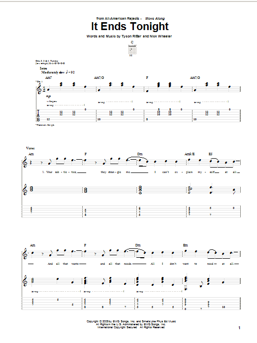 The All-American Rejects It Ends Tonight Sheet Music Notes & Chords for Guitar Tab - Download or Print PDF