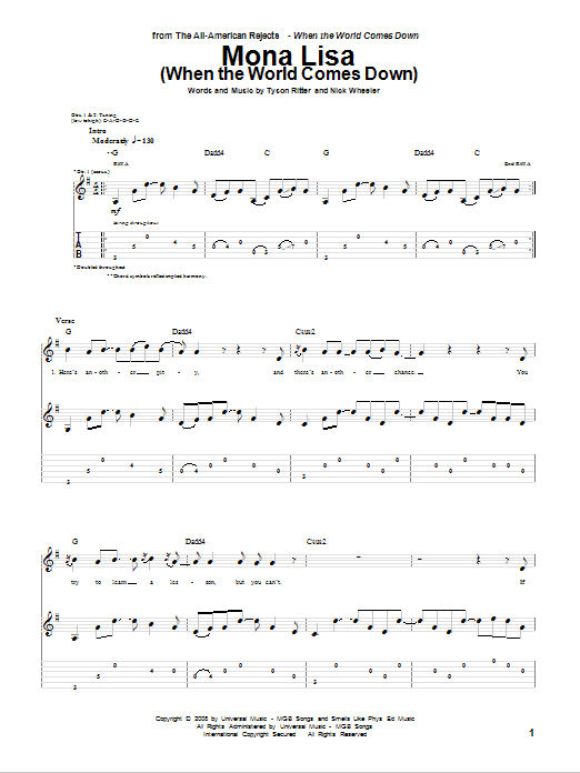 The All-American Rejects Mona Lisa (When The World Comes Down) Sheet Music Notes & Chords for Guitar Tab - Download or Print PDF