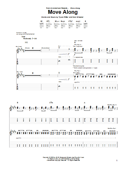 The All-American Rejects Move Along Sheet Music Notes & Chords for Easy Guitar Tab - Download or Print PDF