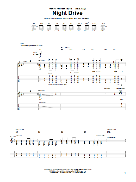 The All-American Rejects Night Drive Sheet Music Notes & Chords for Guitar Tab - Download or Print PDF