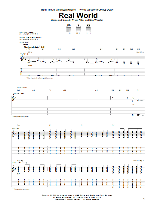 The All-American Rejects Real World Sheet Music Notes & Chords for Guitar Tab - Download or Print PDF