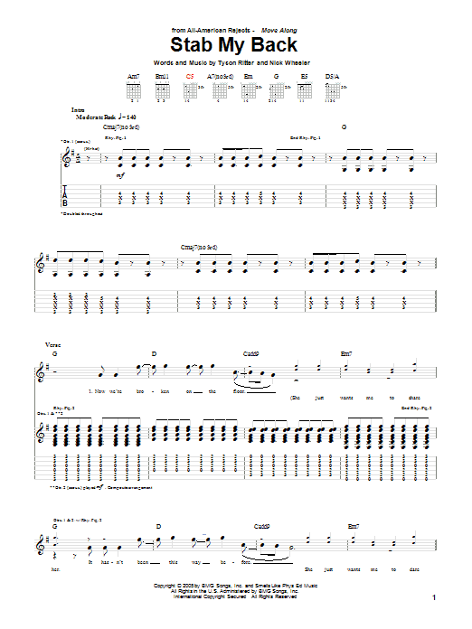 The All-American Rejects Stab My Back Sheet Music Notes & Chords for Guitar Tab - Download or Print PDF