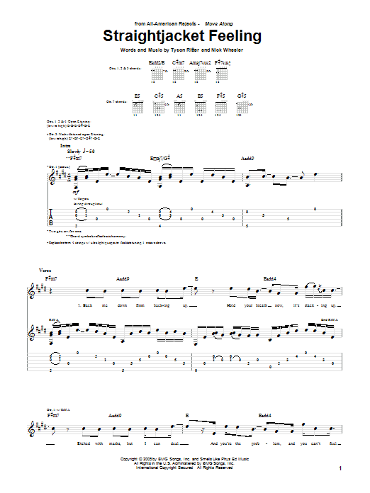 The All-American Rejects Straightjacket Feeling Sheet Music Notes & Chords for Guitar Tab - Download or Print PDF