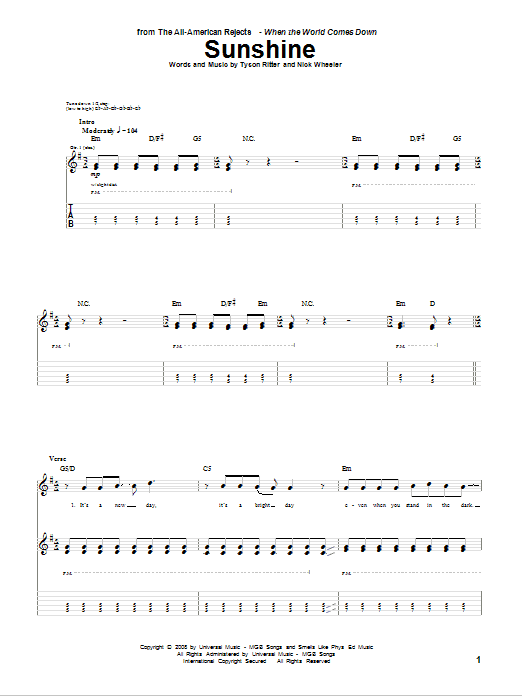 The All-American Rejects Sunshine Sheet Music Notes & Chords for Guitar Tab - Download or Print PDF