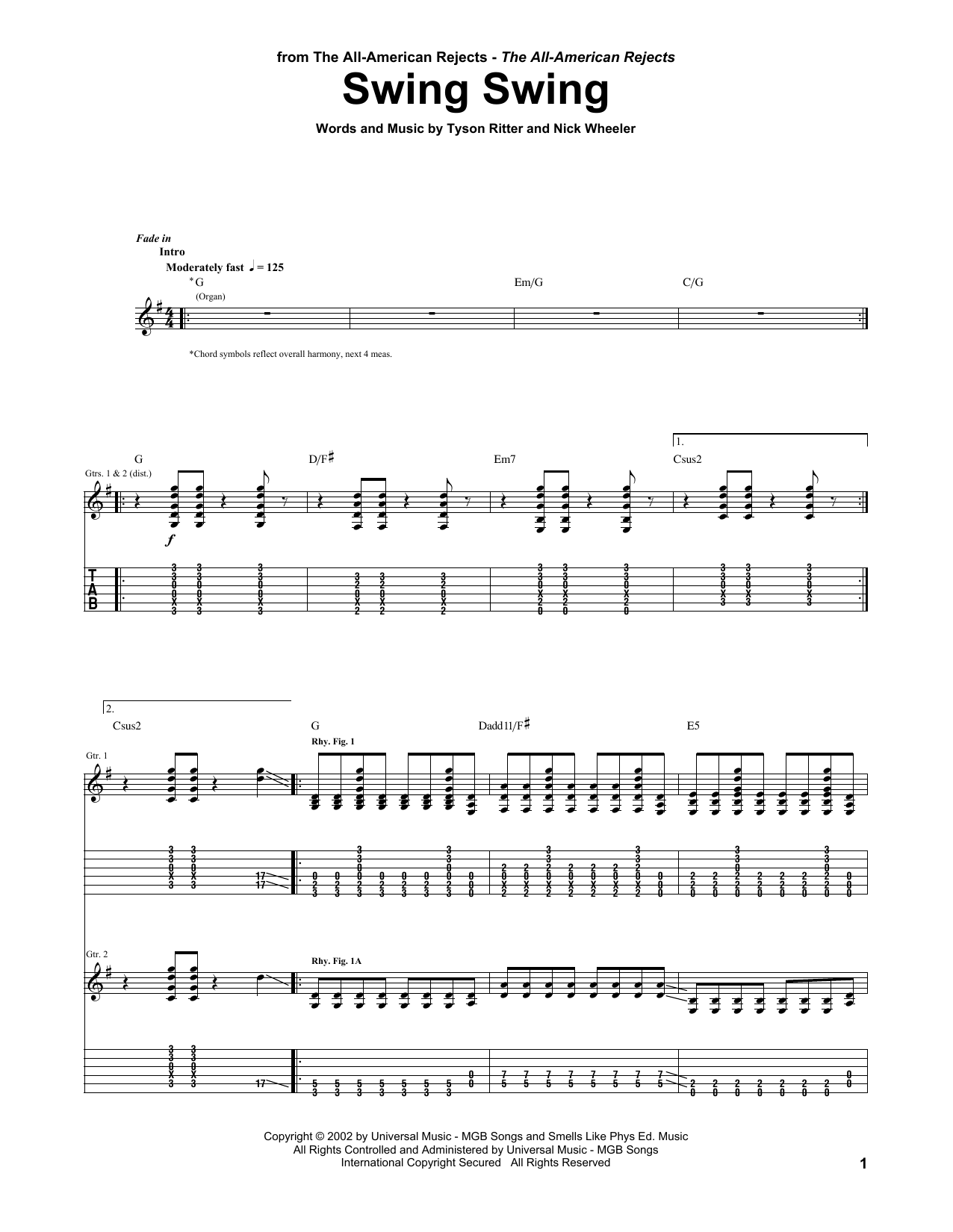 The All-American Rejects Swing Swing Sheet Music Notes & Chords for Guitar Tab - Download or Print PDF