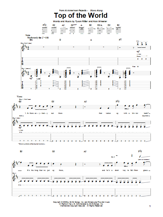 The All-American Rejects Top Of The World Sheet Music Notes & Chords for Guitar Tab - Download or Print PDF