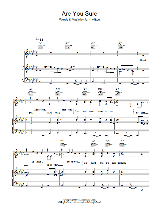 The Allisons Are You Sure Sheet Music Notes & Chords for Piano, Vocal & Guitar (Right-Hand Melody) - Download or Print PDF