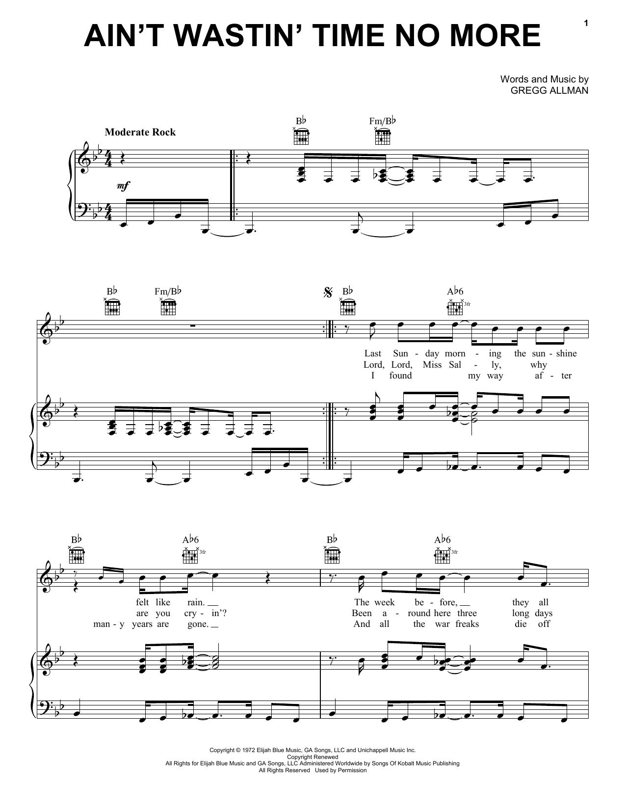 The Allman Brothers Band Ain't Wastin' Time No More Sheet Music Notes & Chords for Piano, Vocal & Guitar (Right-Hand Melody) - Download or Print PDF